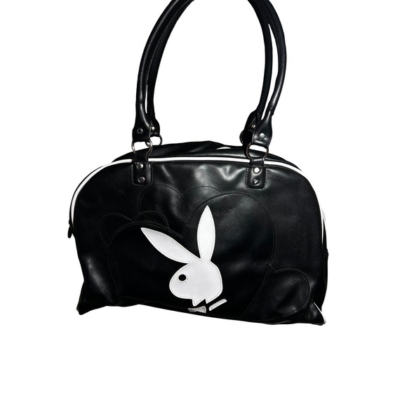 Vintage 90s Playboy Black Duffel Bag White Trim Bunny Logo Pink Lined Travel - Picture 4 of 6